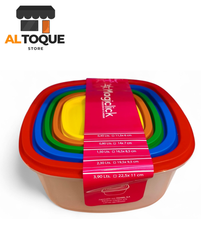 Set de 5 Tuppers Magiclick Hermeticos Apilables de Alta Calidad Diferentes Tamaños Colores