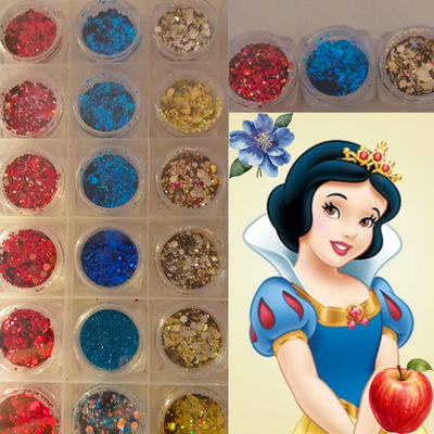 3 tarritos " Blancanieves  "Glitter y purpurina  Rojo +dorado + azul