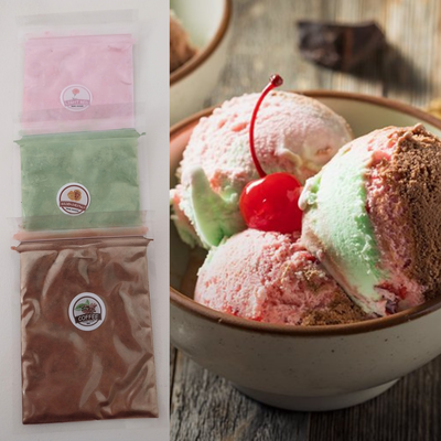 3  sobres polvo Mica "Chocolate Dubai y frutilla"