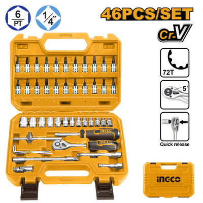 JUEGO DE TUBOS 46 PIEZAS CRV 1/4"• INGCO