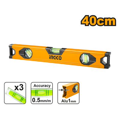 NIVEL ALUMINIO 40 CM. 2 BURBUJAS • INGCO