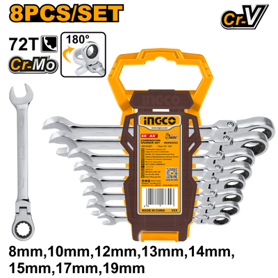 JUEGO DE 8 LLAVES COMBINADAS CON CRIQUET FLEXIBLE • INGCO
