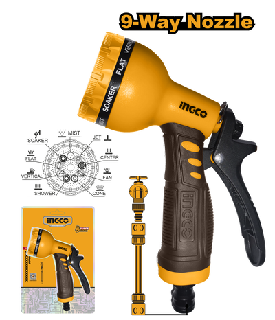 PISTOLA DE RIEGO PLÁSTICA 9 FUNCIONES • INGCO