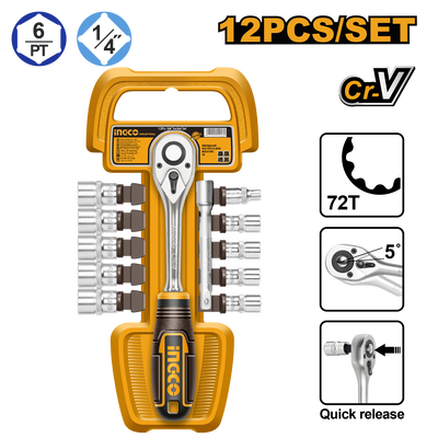 JUEGO DE TUBOS 12 PIEZAS (10 TUBOS/ LLAVE CRIQUE 1/4"/BARRA • INGCO