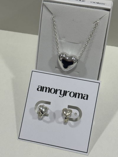 COMBO CADENA Y AROS CORAZONES ACERO BLANCO