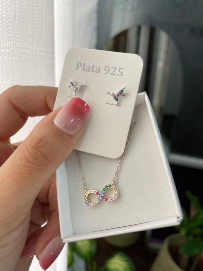 COMBO COLLAR INFINITO AROS COLIBRÍ PLATA 925