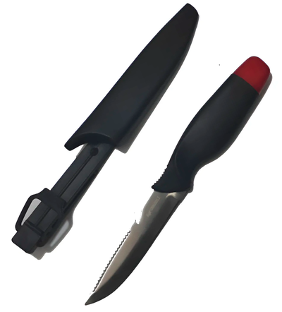 Cuchillo fileteador con descamador, funda, flota