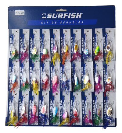 Surfish - Set señuelos x 30 Cucharas voladoras con flecos de colores