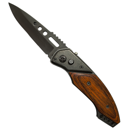 Navaja automatica a resorte 20cm largo, cacha madera, con funda