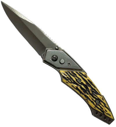 Navaja automatica a resorte 20cm largo, cacha simil hueso, con funda camuflada