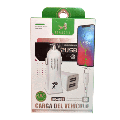 CARGADOR AUTO 4.8A ADAPTADOR TIPO C 2 USB RC-4801
