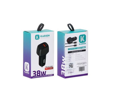 CARGADOR AUTO TIPO C 12V ATOMIC 38W ENTRADA USB/TIPO C KARSEN