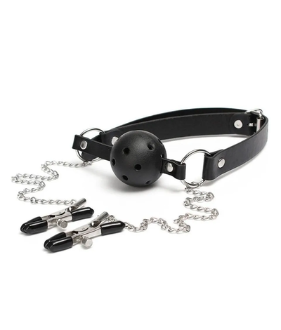 Mordaza con pelota y cadena con pinzas para pezones