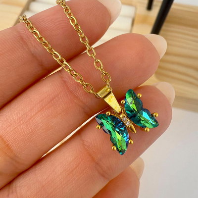 COLLAR ACERO DORADO MINI MARIPOSA VERDE AZUL