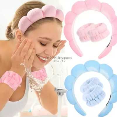 Vincha Fluffy + Muñequeras Skincare Cosmetológica