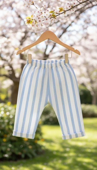 Pantalón Lino Rayado Celeste
