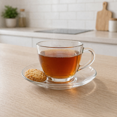 Set x6 taza de vidrio con plato 230cc VIENA 