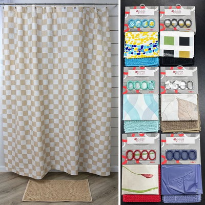 Juego cortina de baño con ganchos + alfombra 