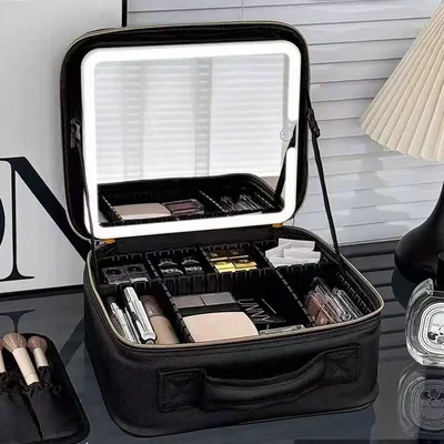 Caja almacenamiento de maquillaje con espejo luz 