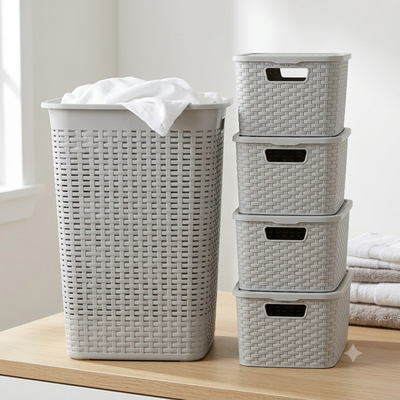 Combo 4 cajas rattan 15lts + 1 canasto para ropa 