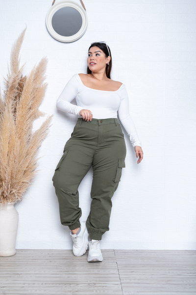 Jogger Gabardina Verde Cargo Elastizado