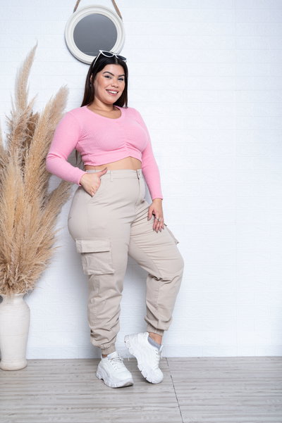Jogger Gabardina Beige Cargo Elastizado