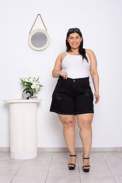 Short Mom Negro Roturas Rígido