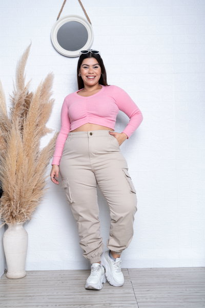 Jogger Gabardina Beige Cargo Elastizado
