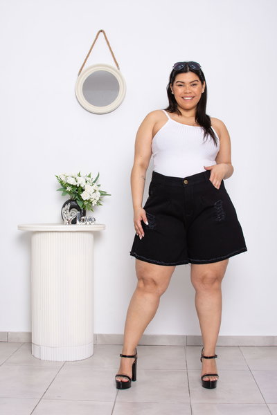 Short Mom Negro Roturas Rígido