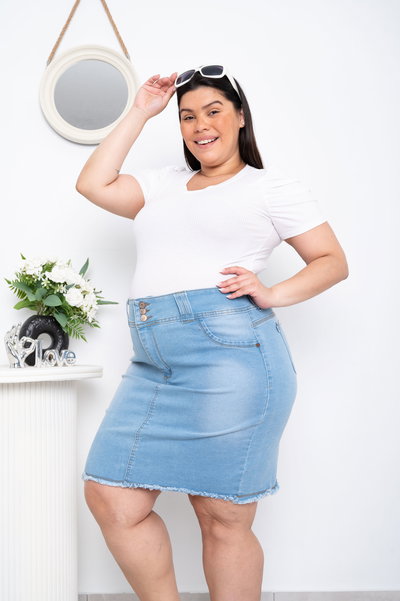 Pollera Celeste 3 Botones c/Flecos Elastizado ESP