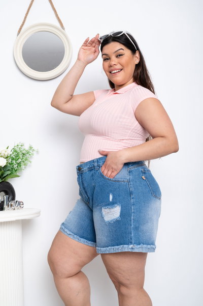 Short Mom Azul Roturas Rígido