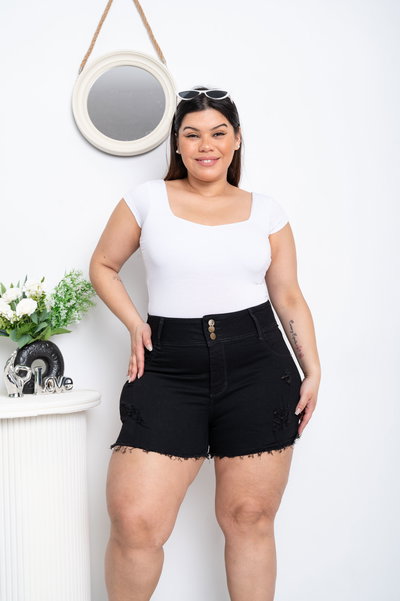 Short Negro 3 Botones Roturas Elastizado 