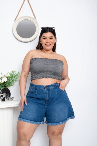 Short Mom Azul Liso Rígido 