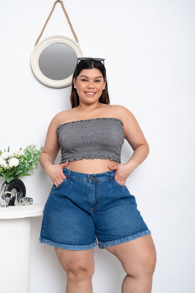 Short Mom Azul Liso Rígido 