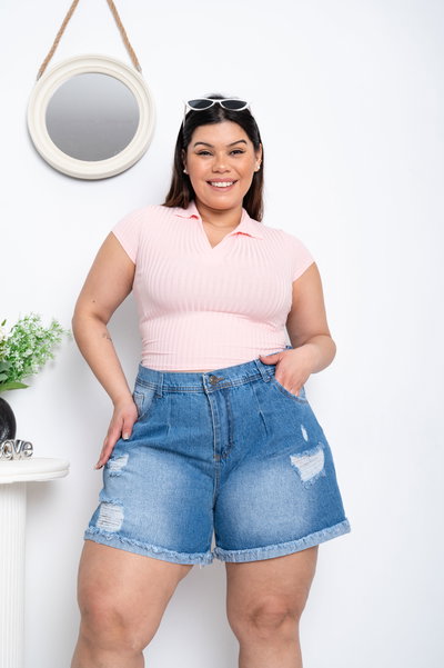 Short Mom Azul Roturas Rígido