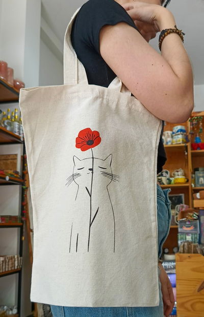Tote Bag Gatito con Flor Roja 