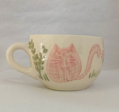 Tazón Gatito rosa y plantas 