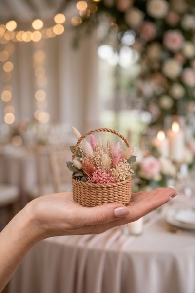 10 souvenirs personalizados - Canasta + arreglo floral