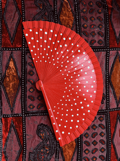 Abanico 23 cm rojo lunar blanco