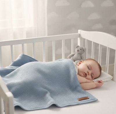 Manta de Tejido waffle con Corderito - Celeste 