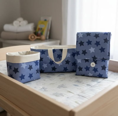 Pañalero + Cesto de Tela + Cambiador Portátil [Azul estrellas]