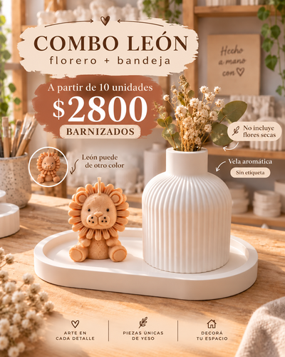 10 unidades Combo Bandeja 18 cm + Florero + Velita Leon BARNIZADO