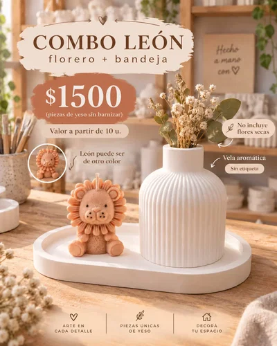 10 unidades Combo Bandeja 18 cm + Florero + Velita Leon SIN BARNIZ