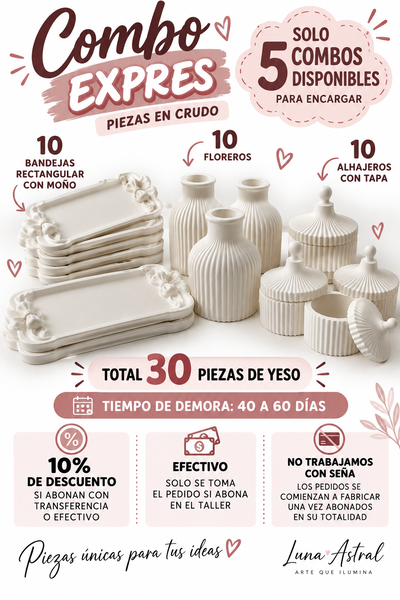COMBO 30 PIEZAS 10 DE C/U BANDEJA RETANGULAR MOÑO + FLORERO + ALHAJERO CIRCUS 
