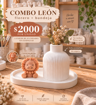 10 unidades Combo Bandeja 18 cm + Florero + Velita Leon SIN BARNIZAR