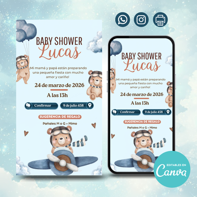 ✈️🧸 Invitación Digital - Osito Aviador