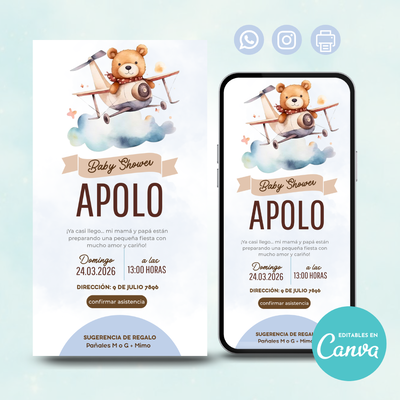 🧸 Invitación Digital - Osito en Avión Vintage 
