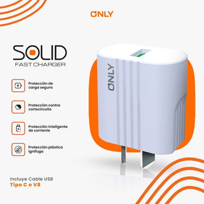 CARGADOR 220V ONLY MOD 03 – 2,1 A – 1 USB + CABLE TIPO C 