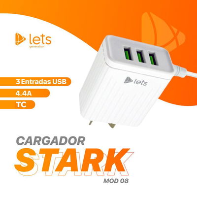 CARGADOR 220V LETS MOD08 – 4,4 A – 3 USB + CABLE TIPO C 