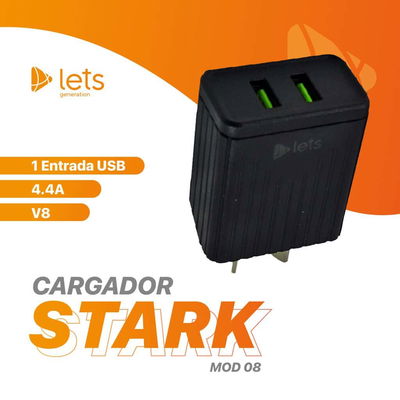 CARGADOR 220V LETS MOD08 – 4,4A – 2 USB + CABLE V8